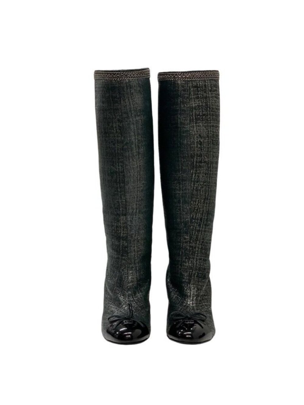 Chanel Boots Long Coco Mark Ribbon Chain Fabric Black - Picture 3 of 11
